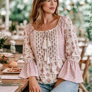 Mixed Floral Bohemian Peasant Blouse Bell sleeves Tassel Neck Tie  Tunic‎ XS